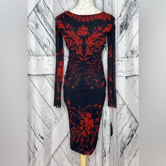FUZZI DRESS Faux Wrap Sheer Sleeves Floral Black Red Small - Picture 4 of 7